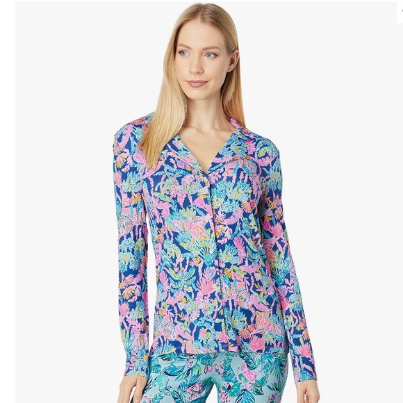 Lilly Pulitzer PJ Knit LS Button Up Top Oyster Bay Navy Seen and Herd Knit NWT - Picture 2 of 16